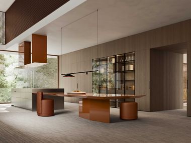 Kitchen with stainless steel island and integrated Navio table CO.01 DelTongo