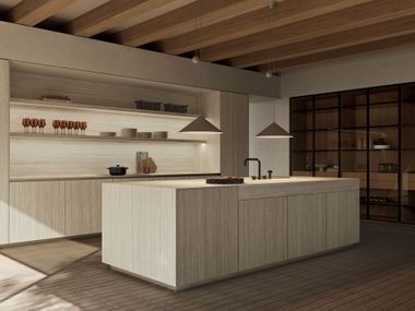 Linear Kitchen with Travertine Island and Glass Display System CO.02 DelTongo