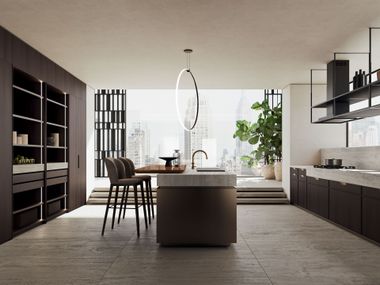 Kitchen with Pantry Area and Island Featuring the Integrated Surf Snack System CO.03 DelTongo