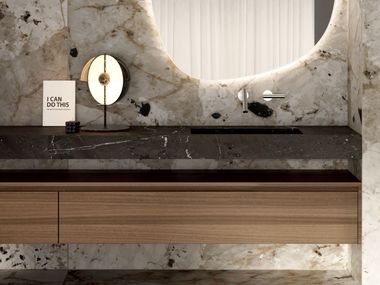 Wall-mounted porcelain stoneware washbasin with integrated countertop ABACO Elitique