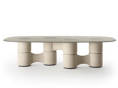 Tempered glass table with spatulate wood base MOLECOLA Gallotti&Radice