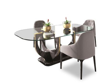 Fixed wood and glass table with sculptural base SOHO HURTADO