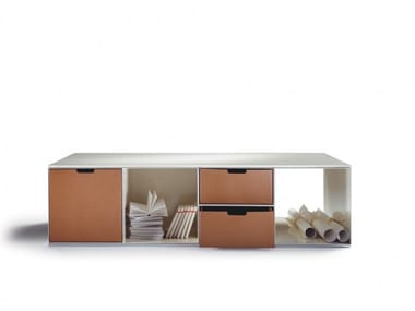 Rectangular low tanned leather coffee table with integrated magazine rack INFINITY