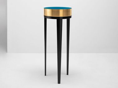 Tavolino rotondo alto in legno e ottone con vassoio DATA Incalmi