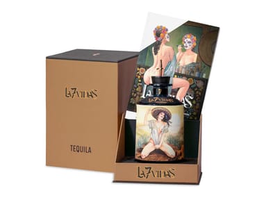Box con bottiglia di tequila e fumetto LA 7 VIDAS TEQUILA J.Rose