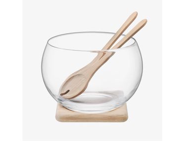 Glass salad bowl with cutlery and wooden base - Ø27cm SERVE SALAD SET & OAK BASE LSA