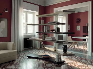 Freestanding double-sided wood and glass bookcase AIR ROUNDY Lago