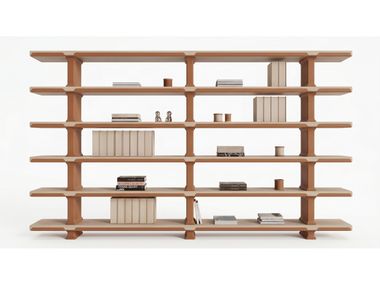 Open bookcase in oak with leather inserts ACQUA ALTA Ludovica Mascheroni