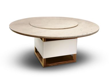 Round table in Canaletto walnut and leather with marble top REFISSO LEATHER TOP Ludovica Mascheroni
