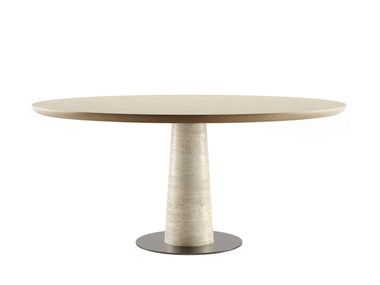 Round table with oak top and travertine central base KALYSTRUS Maxalto