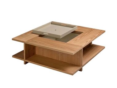 Square low cherry wood coffee table with integrated magazine rack BOOK Morelato