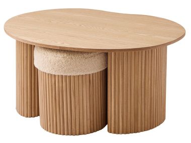 Set with wooden side table and 2 white bouclé poufs ARVIKA NORDLYS