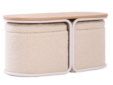 Set with low wooden coffee table and 2 white bouclé poufs SENJA NORDLYS