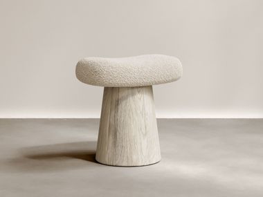 Low oak stool with seat upholstered in Karakorum bouclé wool ARTISAN Paloma Editions