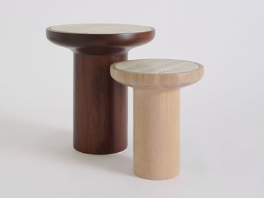 Round solid wood coffee table with natural stone top DOOST Phase Design
