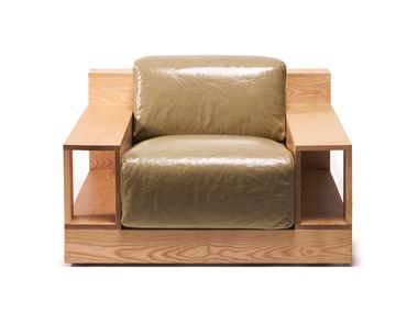 Ash and leather armchair with integrated magazine rack and armrests REGOLO Poltronova