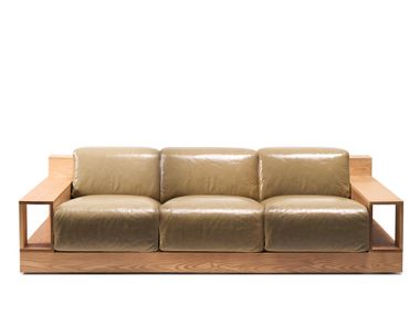 3 seater ash and leather sofa with integrated magazine rack REGOLO Poltronova