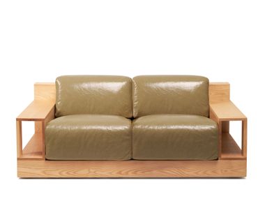 2 seater ash and leather sofa with integrated magazine rack REGOLO Poltronova