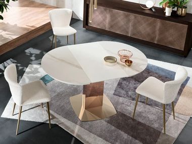Fixed or extendable table with ceramic top and diamond-effect metal base Sabino RIFLESSI