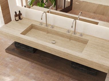 Wall-mounted travertine washbasin ANDROMEDA PLUS SLIM TRAVERTINE RILUXA