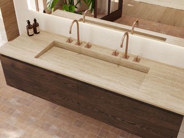 Wall-mounted washbasin SAGITTA PLUS VANITY TOP TRAVERTINE RILUXA