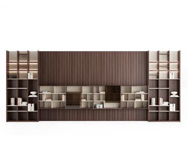 Wall-mounted modular wood and glass bookcase with built-in lights GAMA Saloni