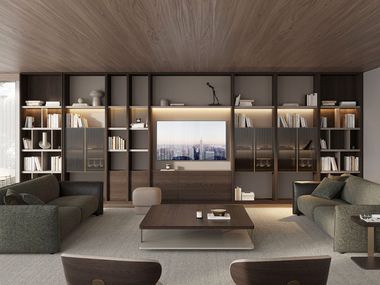 Modular wood and glass bookcase with built-in lights NOVA Saloni