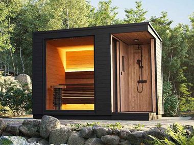 Aussensauna aus Holz mit Dusche HELSINKI Saunamo