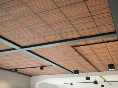 Sound absorbing rock wool ceiling panels with wood effect AFRICAN DOUSSIE SLATS L Sky-Tile®
