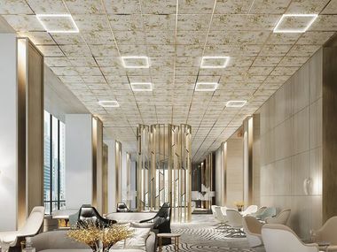 Sound absorbing rock wool ceiling panels GOLDEN BAMBOO LEAVES Sky-Tile®