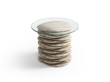 Round classic travertine and glass side table STONISSIME STONE VALLEY