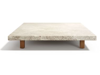 Mesa de jardim quadrada em teca e travertino VIS À VIS TRIBÙ