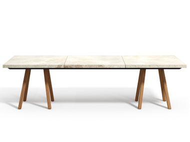 Rectangular table in teak and travertine VIS À VIS TRIBÙ