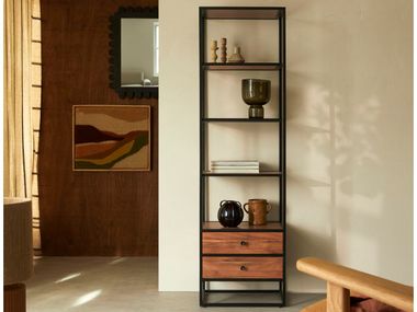 Open freestanding acacia and metal bookcase with drawers AGRA Tikamoon