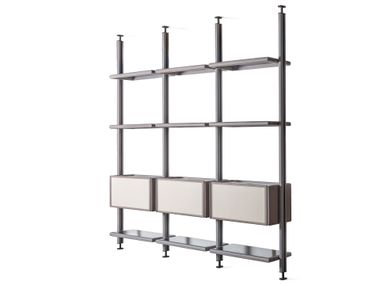 Sectional open floor-ceiling mounted wood and glass bookcase JOKER Ulivi Salotti