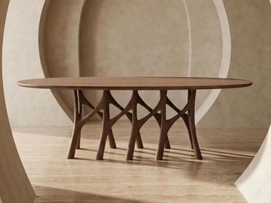 Oval wooden table with sculptural base HORA Voicu