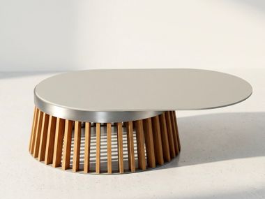 Oval teak and aluminium coffee table UD SERVE LARGE TEAK UDSL WOOMEY & K