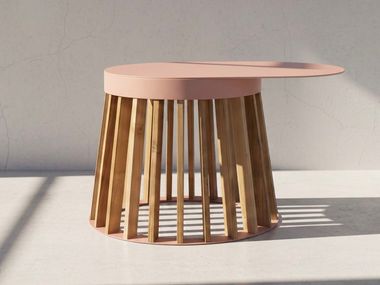 Oval aluminium and teak coffee table UD SERVE SMALL TEAK UDSS - BEIGEROT EDITION WOOMEY & K