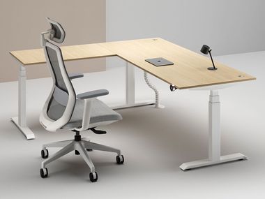 L-shaped height-adjustable wooden office desk with cable management MAX TRIPLE MOTOR WORKSPACE