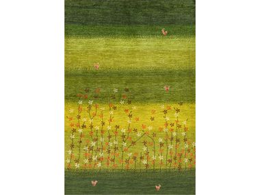 Custom rectangular wool rug with floral pattern FLORA AND MYTHICAL FOWLS ON STRIPES 1 Zollanvari