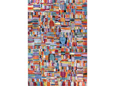 Rectangular wool rug QUILT CRAZY, FOLIAGE IN BLUE, ORANGE & VIOLET Zollanvari