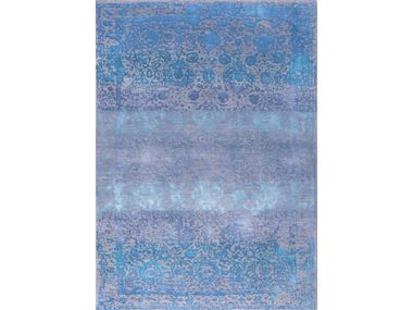 Patterned rectangular wool and silk rug ABRASHED FLORAL CARTOUCHES IN TURQUOISE & BLUE ON SILVER GREY Zollanvari