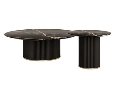 Round wooden coffee table with marble top PERRY ANA ROQUE INTERIORS