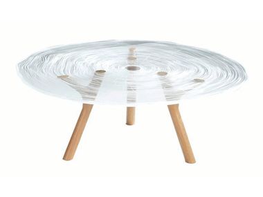 Low round Altuglas® coffee table with oak base PLEXIWOOD Roche Bobois