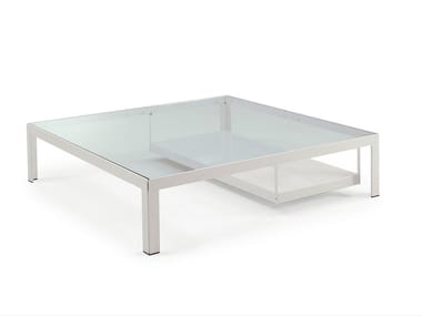 Square low glass coffee table with integrated magazine rack PROGETTO 1 | Coffee table