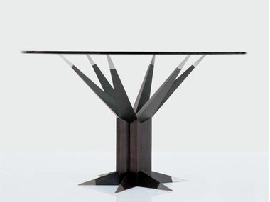Table with base in ash wood, metal tips, extra clear glass top ENERGIA OAK