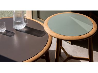 THE SECRET GARDEN Low round teak garden side table with stoneware top ...