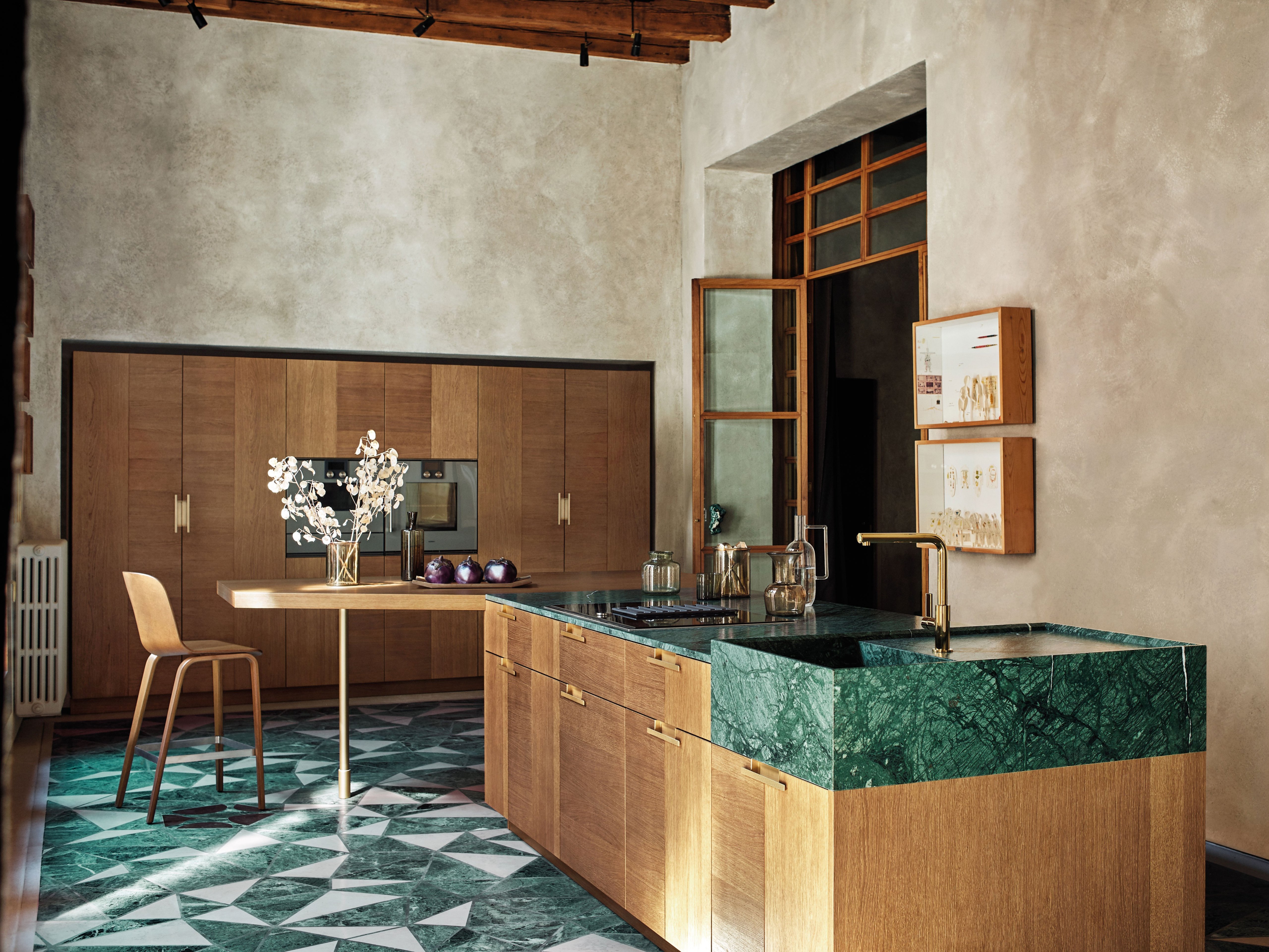 Isa Design INTARSIO - ART & ORDER Oak and Green Guatemala marble kitchen with ...