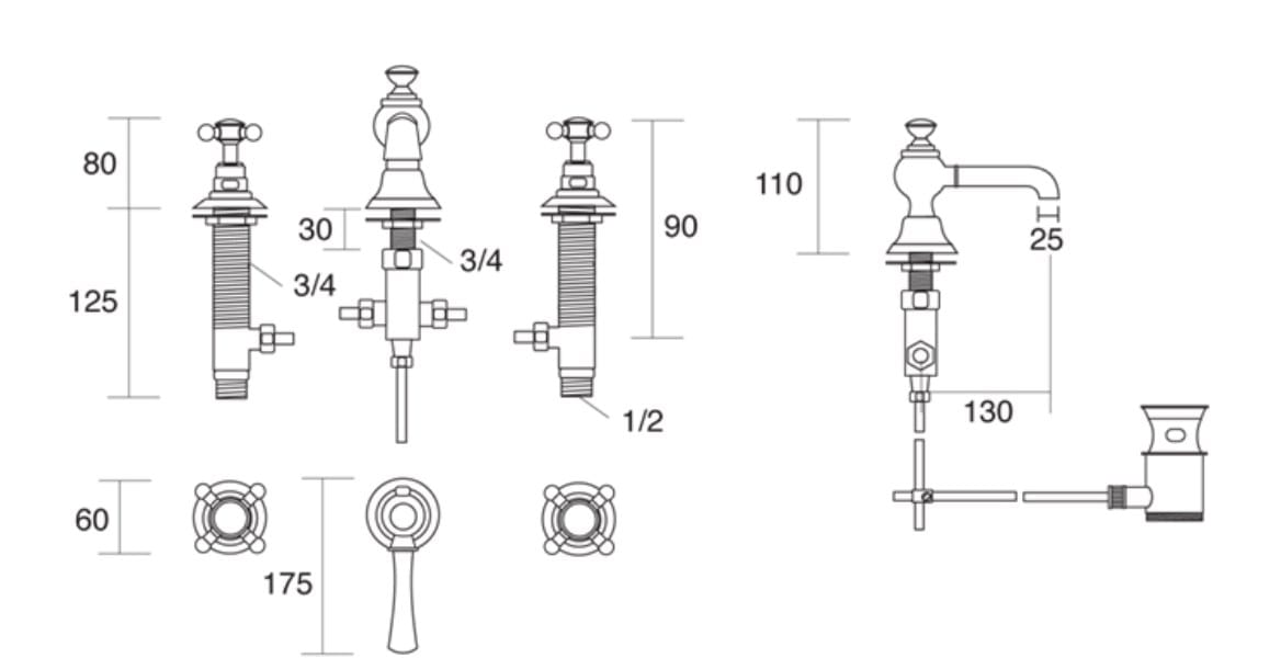 CHELSEA 3 hole brass washbasin tap By Gentry Home