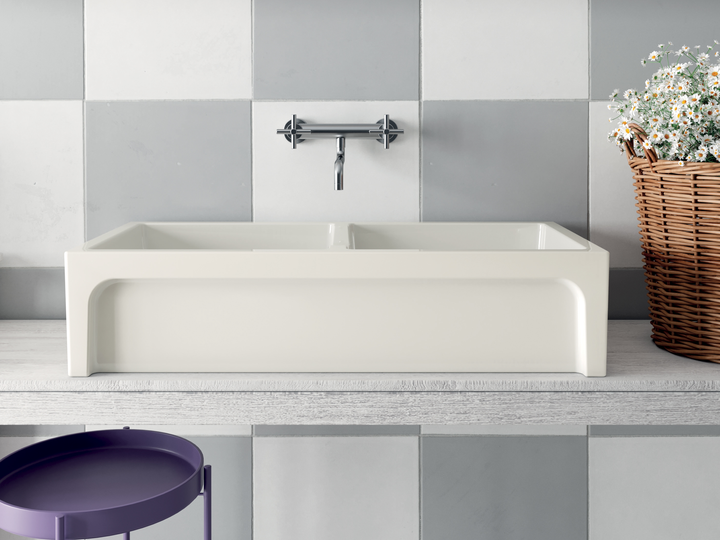 FRAME by GALASSIA - Lavello reversibile doppia vasca a spessore ceramico pieno